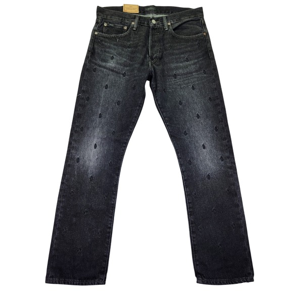 Polo Ralph Lauren Varick Slim Straight Jeans Mens Black Embroidered Size 32x30